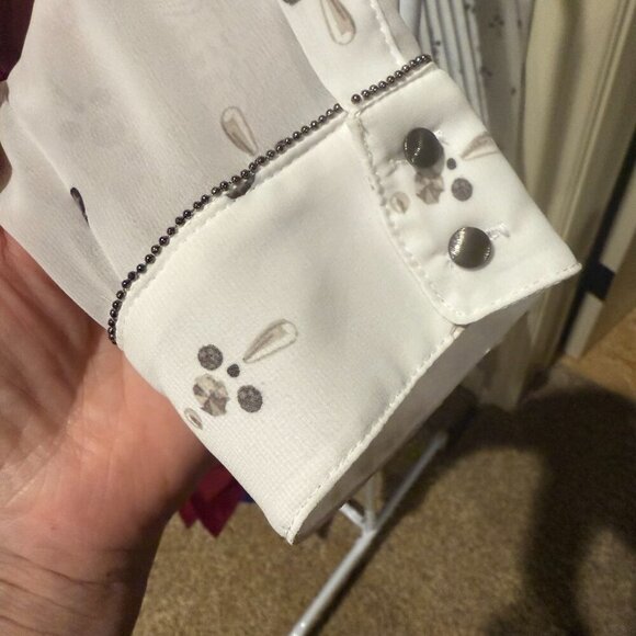 Reitmans white and grey blouse feminine flowy embellishments long sleeve office - Picture 6 of 11